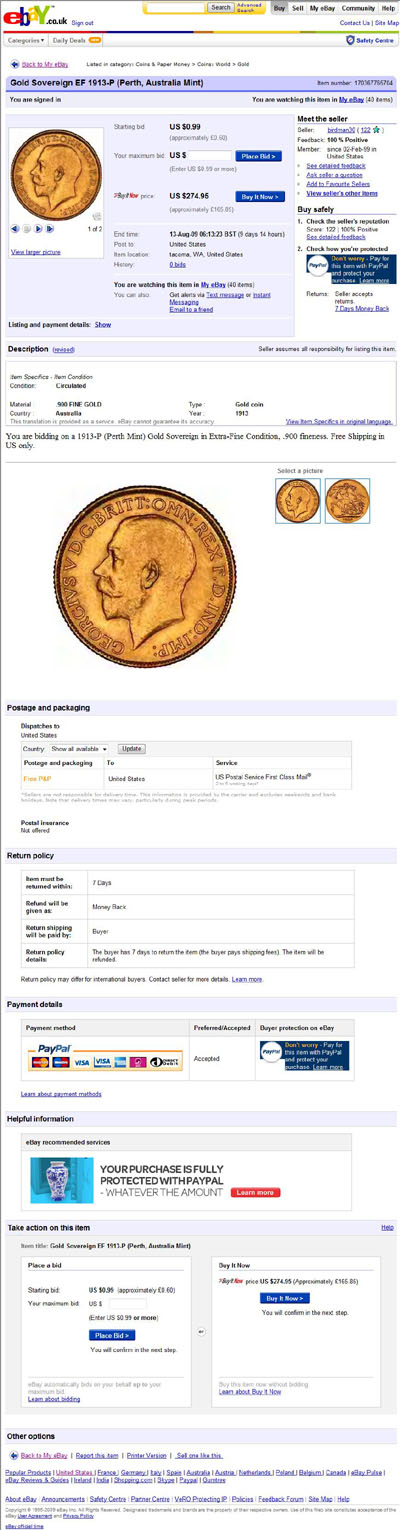 birdman30 eBay Listing for Gold Sovereign EF 1913-P (Perth, Australia Mint)